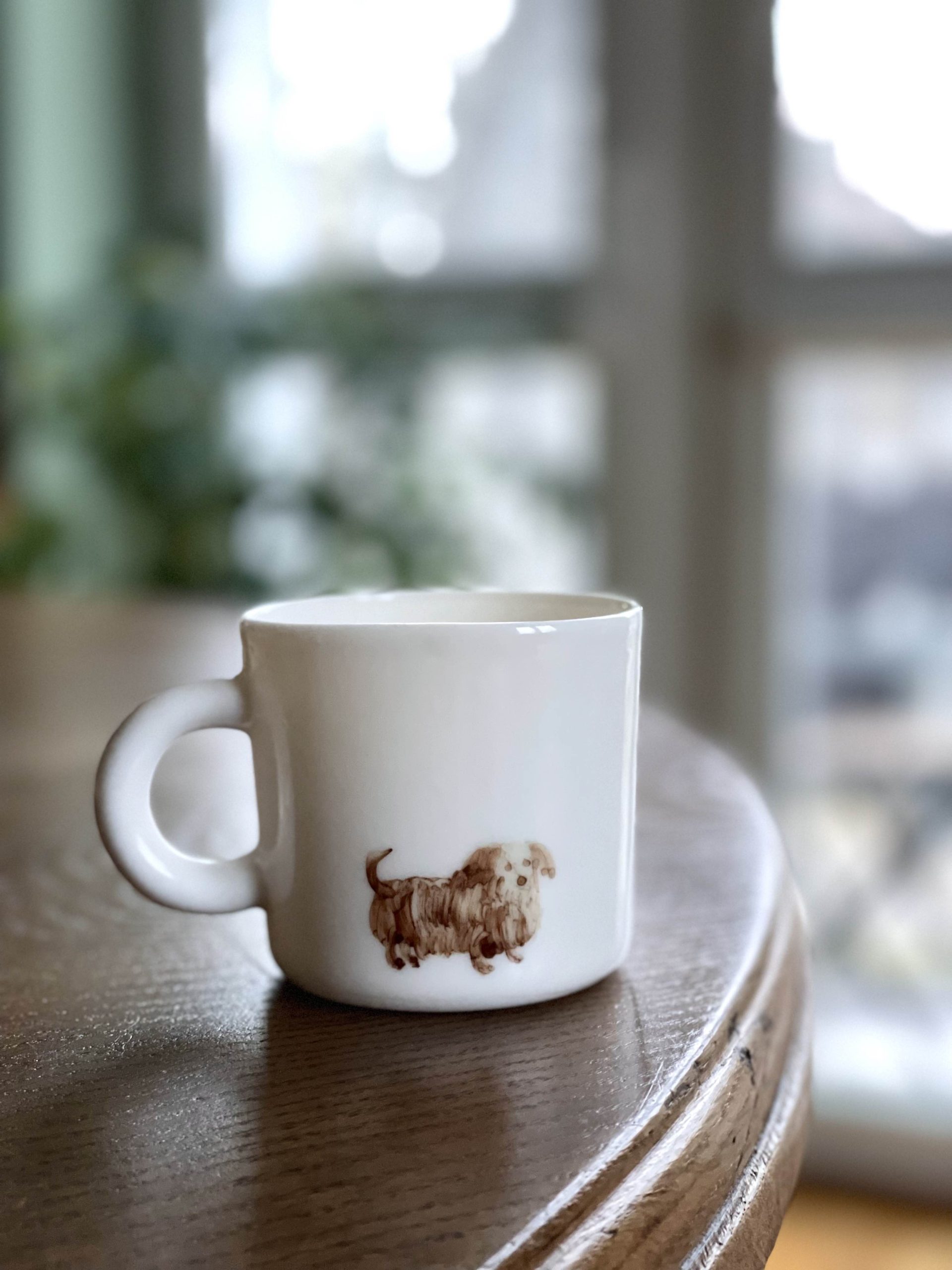 A mug with a dog for drinking cappuccino or other drink, capacity 160 ml, hand-painted illustration of a dog